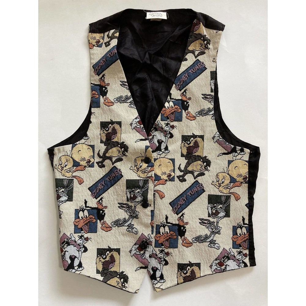 Vintage Looney Tunes Tapestry Vest 1996 Cartoon Tweety Bird Daffy Duck Retro